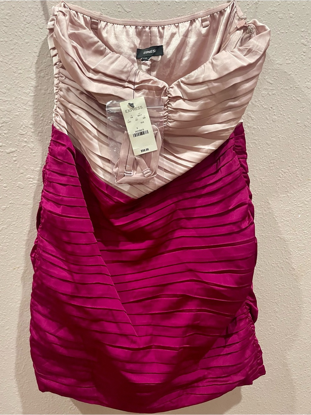 Express Pink and Fuchsia Pleated Strapless Dress